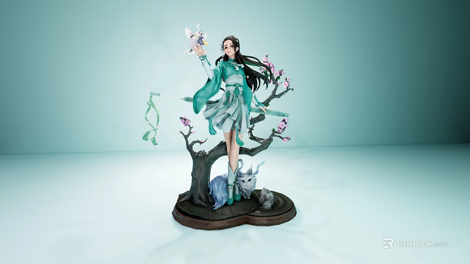 Anime Style Female Figure In Green Traditional Costume With Blue Animal And Cherry Blossom Base 3d model 