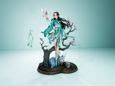 Anime Style Female Figure In Green Traditional Costume With Blue Animal And Cherry Blossom Base 3d model