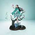 Anime Style Female Figure In Green Traditional Costume With Blue Animal And Cherry Blossom Base