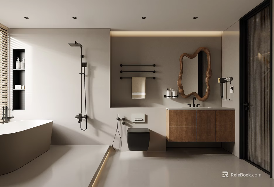 Modern Bathroom Interior Design With Freestanding Bathtub Wooden Vanity And Unique Mirror 3d model 
