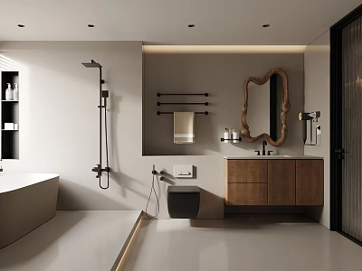 Modern Bathroom Interior Design With Freestanding Bathtub Wooden Vanity And Unique Mirror 3d model