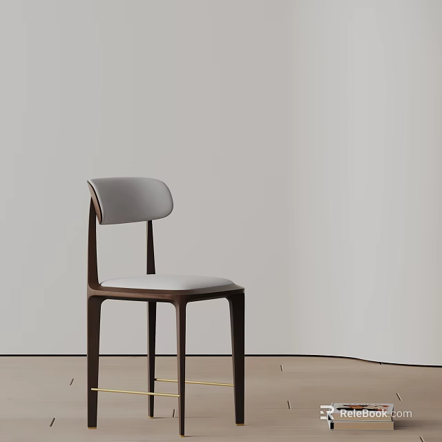 Minimalist Modern Dining Chair With Dark Brown Wooden Frame Light Gray Leather Seat And Backrest 3d model 