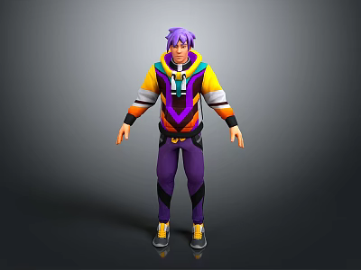 3D Animated Character Model With Purple Hair Yellow Purple Hoodie And Pants Modern Stylish Design 3d model