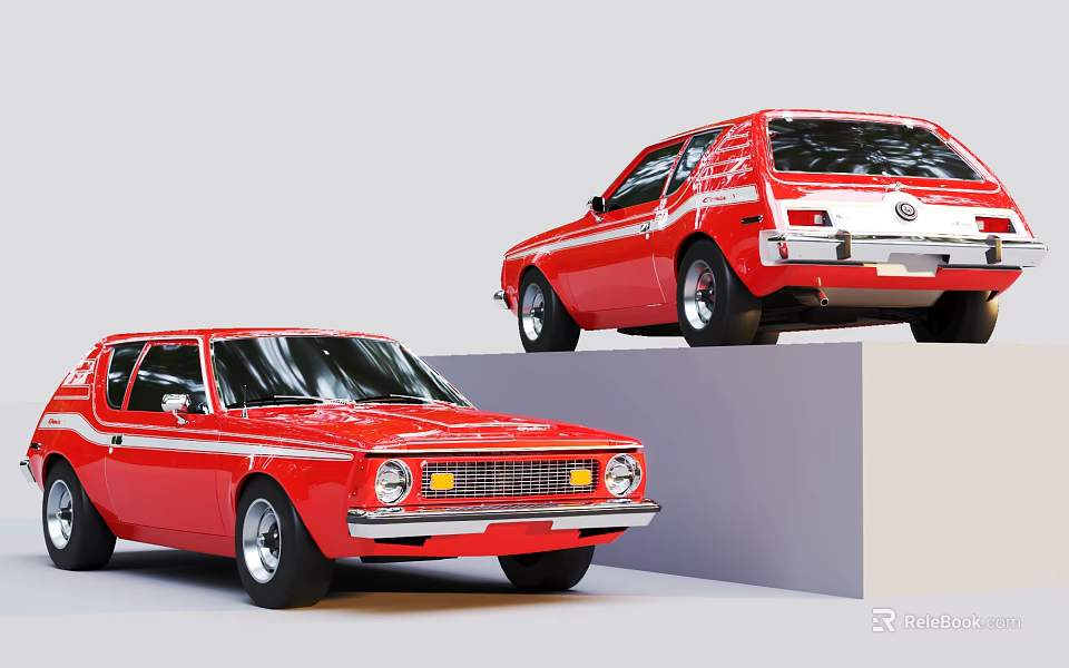 Two Red Vintage Cars With White Stripes Displayed On Platform 3d model 