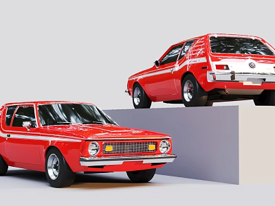 Two Red Vintage Cars With White Stripes Displayed On Platform 3d model
