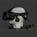 Black VR Headset With AR LAB Logo On Mannequin Head And Accessories