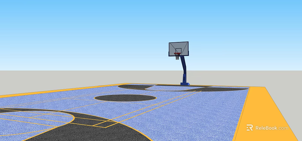 Outdoor Basketball Court With Basketball Hoop Blue Surface Yellow Lines And Black Circles 3d model 