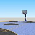 Outdoor Basketball Court With Basketball Hoop Blue Surface Yellow Lines And Black Circles