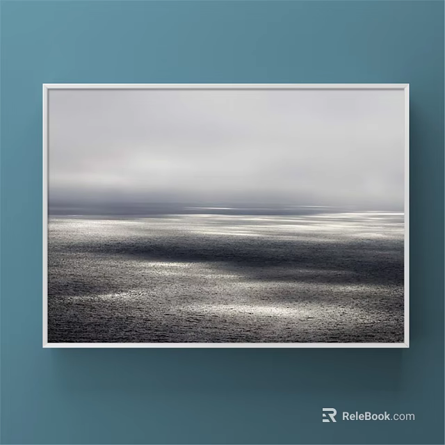 Seascape Painting With Cloudy Sky And Sunlight Reflection On Ocean Hanging On Blue Wall 3d model 