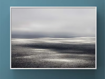 Seascape Painting With Cloudy Sky And Sunlight Reflection On Ocean Hanging On Blue Wall 3d model