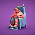 Fat Horned Character Sitting On Blue Throne With Small Creatures Holding Spoon And Fork