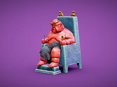 Fat Horned Character Sitting On Blue Throne With Small Creatures Holding Spoon And Fork 3d model