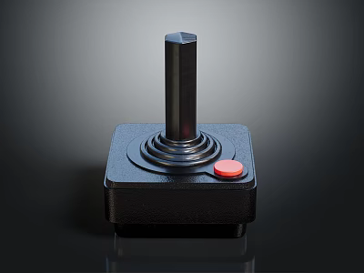 Industrial Joystick With Black Square Base Metal Vertical Lever And Red Circular Button 3d model