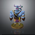 Cartoon Style Blue Horned Character 3D Model with Sword Skull Decoration Purple Shorts Base Stand