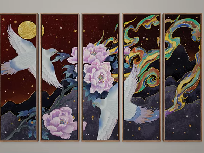 Animal Painting Featuring White Birds Pink Peonies Golden Moon Starry Sky And Colorful Swirling Clouds 3d model