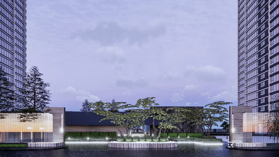 Serene Garden Landscape With Lush Trees Water Features And Modern Architecture 3d model 