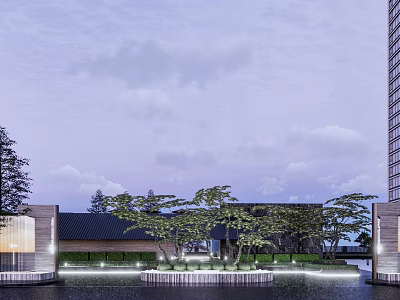 Serene Garden Landscape With Lush Trees Water Features And Modern Architecture 3d model