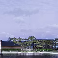 Serene Garden Landscape With Lush Trees Water Features And Modern Architecture