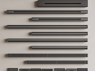 Black Decorative Metal Strips In Various Sizes With Textured Surface On Light Background 3d model