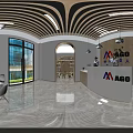 Modern Front Desk Reception Interior With Wooden Counter Company Logo Pendant Lights And Wall Panel