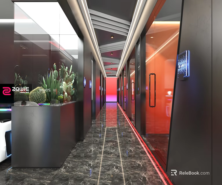 Modern Internet Cafe Interior With Glass Doors Neon Lights Indoor Plants And Marble Floor 3d model 