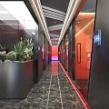Modern Internet Cafe Interior With Glass Doors Neon Lights Indoor Plants And Marble Floor