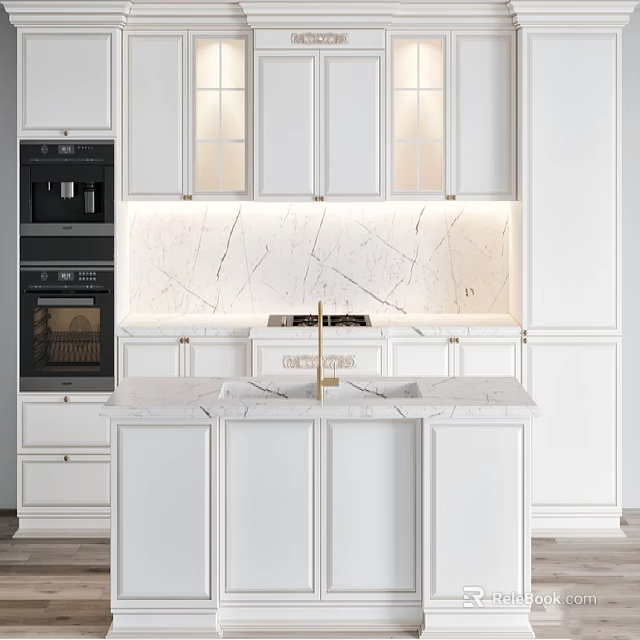 Elegant Modern White Kitchen Interior With Marble Countertop Backsplash And Cabinets 3d model