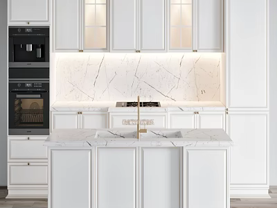 Elegant Modern White Kitchen Interior With Marble Countertop Backsplash And Cabinets 3d model