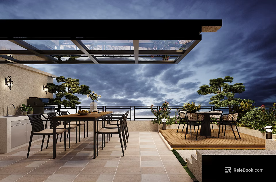 Rooftop Terrace Garden With Glass Roof Dining Table Chairs Pine Trees And Scenic Sky 3d model 