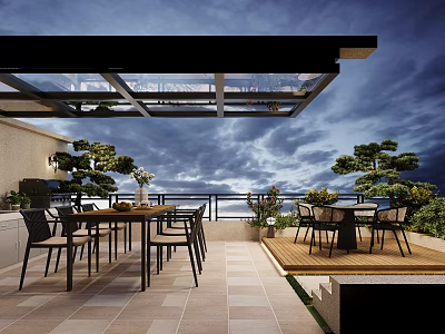 Rooftop Terrace Garden With Glass Roof Dining Table Chairs Pine Trees And Scenic Sky 3d model