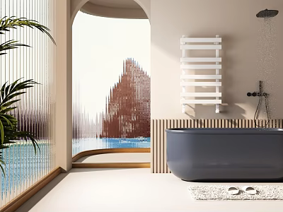 Elegant Modern Bathroom Interior With Freestanding Bathtub Green Plants Towel Rack And Large Window 3d model