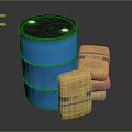 Industrial Storage Setup Featuring Blue Barrel And Stacked Yellow Bags