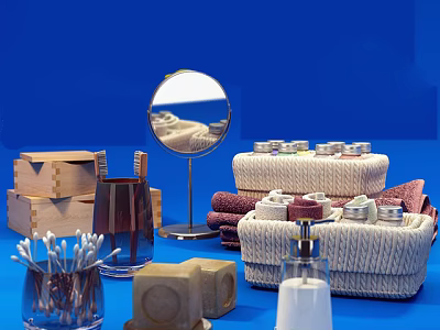 Perfume Cosmetics Display Featuring Round Mirror Wooden Boxes Towels Soap Bars And Blue Background 3d model