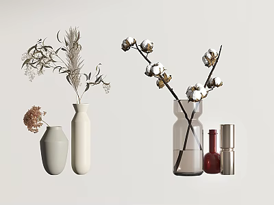 Stylish Vases Featuring Cotton Branches Dried Grass And Decorative White Transparent Designs For Home Interior 3d model