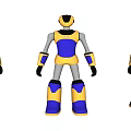 Smart Robot Featuring Three Angles Blue Yellow Metallic Body Front Side Back Views