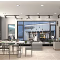 Modern Shopping Mall Store Interior With Bright Lighting Black Display Counter Tables And Green Plants