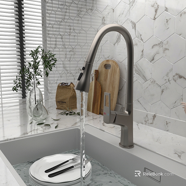 Water Flowing from Kitchen Faucet over White Countertop Hexagonal Tile Backsplash Wooden Board and Plant 3d model 