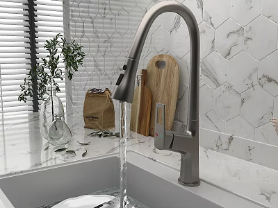 Water Flowing from Kitchen Faucet over White Countertop Hexagonal Tile Backsplash Wooden Board and Plant 3d model