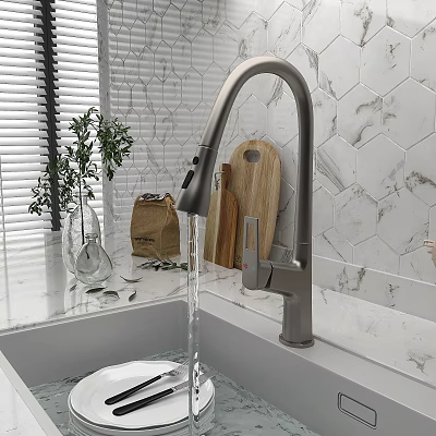 Water Flowing from Kitchen Faucet over White Countertop Hexagonal Tile Backsplash Wooden Board and Plant 3d model