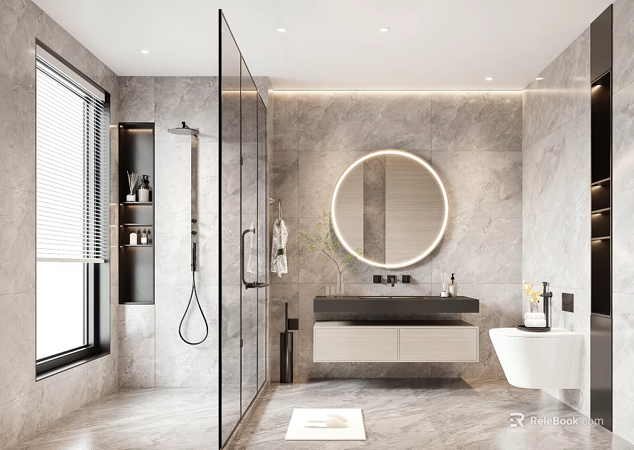Modern Bathroom With Marble Walls Round Illuminated Mirror Glass Shower Enclosure Floating Vanity White Bathtub 3d model 