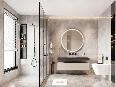 Modern Bathroom With Marble Walls Round Illuminated Mirror Glass Shower Enclosure Floating Vanity White Bathtub 3d model