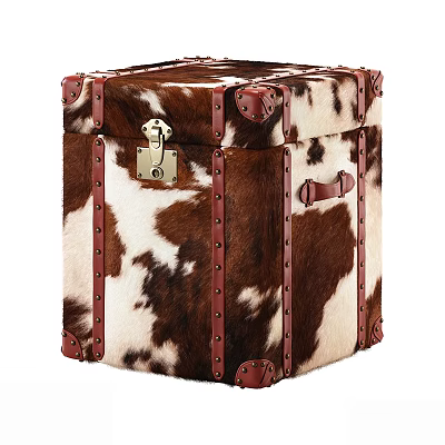 Stylish Cowhide Side Table With Brown White Spots Leather Trim Rivets Metal Lock and Handle 3d model
