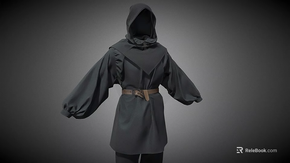 Hooded Dark Colored Robe With Wide Sleeves And Brown Belt Design 3d model 