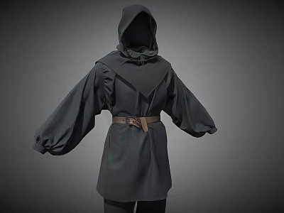 Hooded Dark Colored Robe With Wide Sleeves And Brown Belt Design 3d model