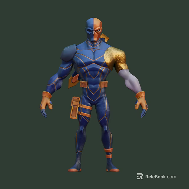 Muscular Game Character With Blue And Gold Costume Orange Utility Belt And Masked Design 3d model 