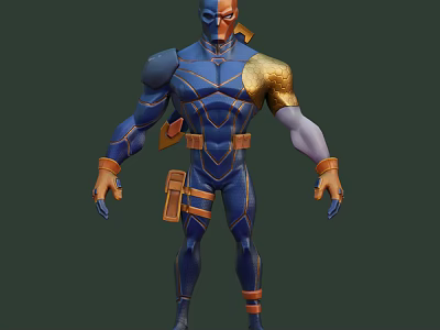 Muscular Game Character With Blue And Gold Costume Orange Utility Belt And Masked Design 3d model