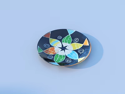 Colorful Leaf Patterns Round Dinnerware Set With Dark Background And Spiral Accents 3d model