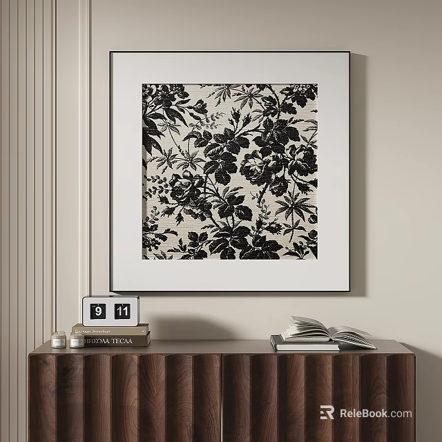Black And White Floral Artwork On Wall Above Wooden Cabinet With Calendar Books And Candles 3d model 