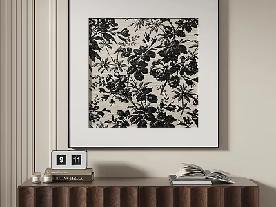 Black And White Floral Artwork On Wall Above Wooden Cabinet With Calendar Books And Candles 3d model