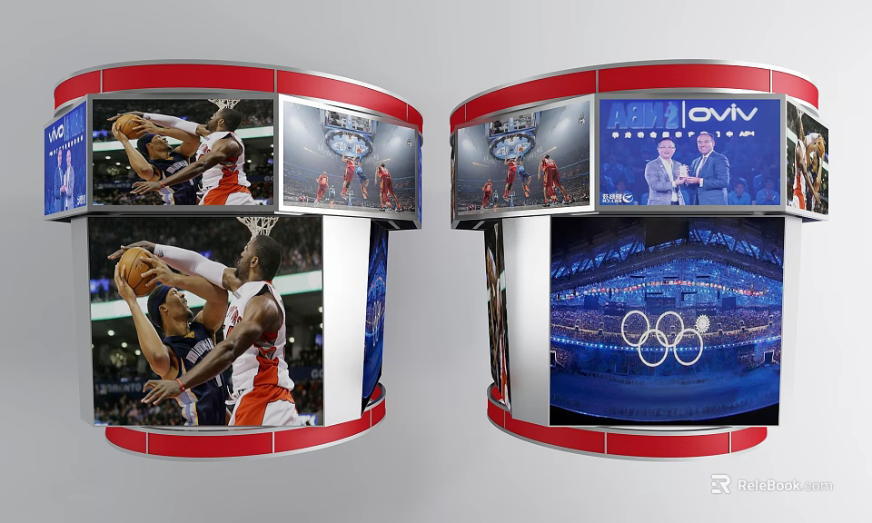 Curved TV Wall With Multiple Screens Showing Sports Events Olympic Rings And News 3d model 